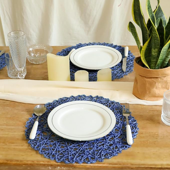 AHHFSMEI Paper Braided Round Placemats Set of 8 Natural Non-Slip Heat Resistant Table Mats for Dining Tables Farmhouse Woven Indoor Outdoor Place mats (Blue,8)