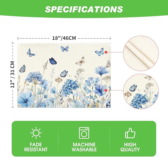 Artoid Mode Hydrangea Wildflowers Spring Placemats Set of 4, 12x18 Inch Seasonal Summer Holiday Table Mats for Party Kitchen Dining Decoration
