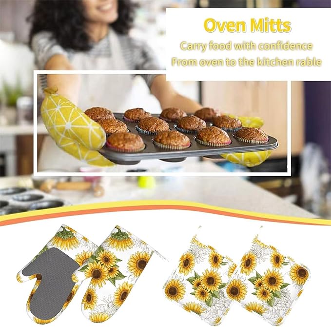 Yellow Sunflower Oven Mitts Sunflowers Pot Holders Yellow Flowers Cooking Apron Set of 5 Silicone Kitchen Glove Apron Non-Slip Heat Resistant for Chef Baking Cooking Grilling BBQ