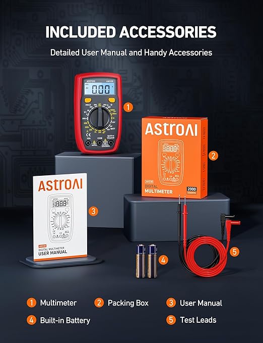 AstroAI Digital Multimeter Tester 2000 Counts with DC AC Voltmeter and Ohm Volt Amp Meter; Measures Voltage, Current, Resistance, Continuity and Diode, Black