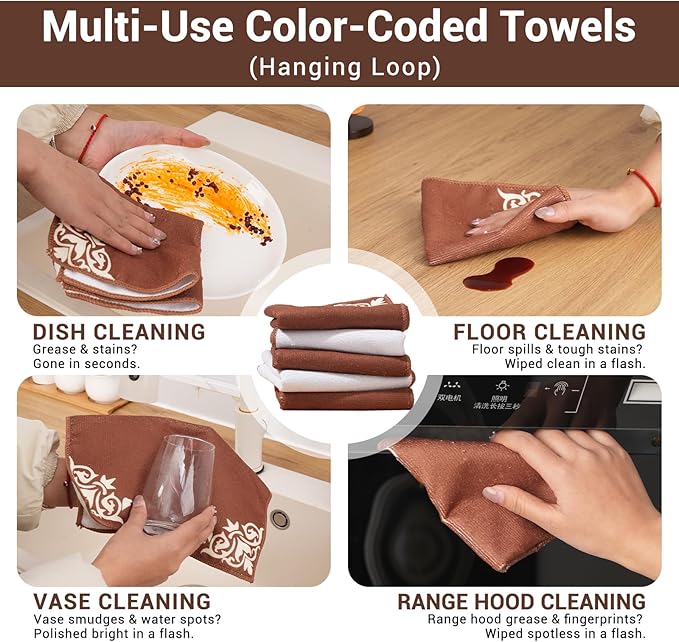 YUA Microfiber Cleaning Cloth 12 Pack,Microfiber Towels Cleaning,Microfiber Towels for Cars,Absorbent Dish Washing Cloth,Reusable Cleaning Cloths Lint Free (Brown Corner Flower)