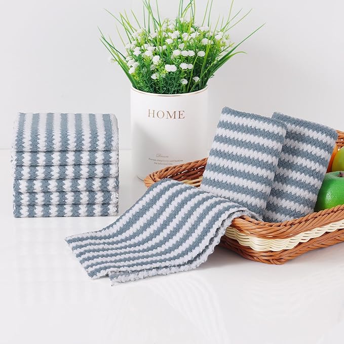 Homaxy 12 Pack Kitchen Dish Cloths, Ultra Soft and Absorbent Dish Towels, Reusable Fast Drying Microfiber Cleaning Cloth, Coral Velvet Wave Design No-lint, 10 x 10 inches, Dusty Blue