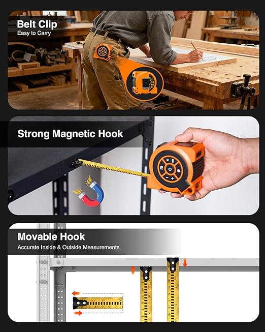328Ft 3-in-1 Digital Laser Tape Measure Rechargeable Measuring Tool &16Ft Auto-Lock Tape Measure Movable Magnetic Hook with Area/Volume/Pythagorean, Ft/in/M/Ft+in for Construction;Woodworking;Home DIY