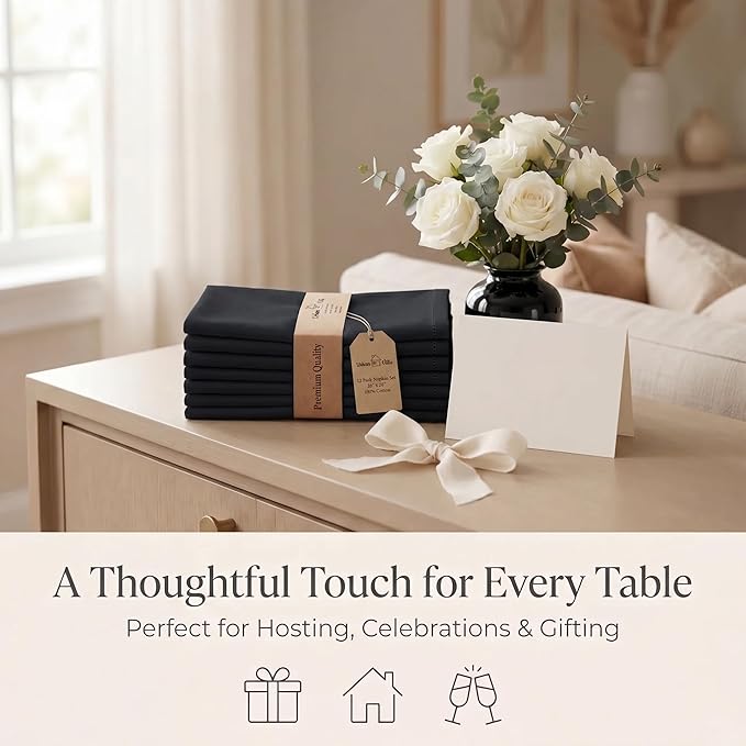Urban Villa Cloth Napkins Set of 12 20x20 Inches 100% Cotton Napkins Cloth Washable Durable Reusable Absorbent Table Dinner Napkins Cloth for Christmas Hotel Lunch Restaurant Weddings Parties - Black