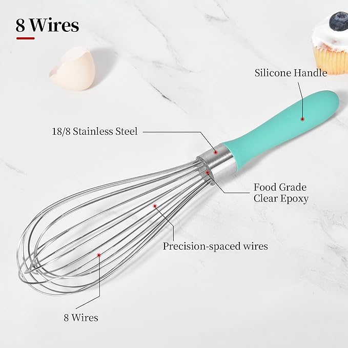 11.1inch Kitchen Wire Whisk, 18/10 Stainless Steel Metal Balloon Wisk (Medium, Aqua Sky)