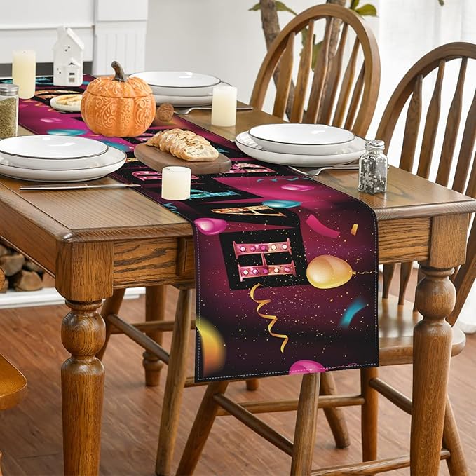 Happy Birthday Table Runner 13x72 Inch Colorful Birthday Balloon Ribbon Farmhouse Polyester Linen Table Decoration for Kitchen Dinning, Indoor Outdoor Home Dinner Party (Brilliant)