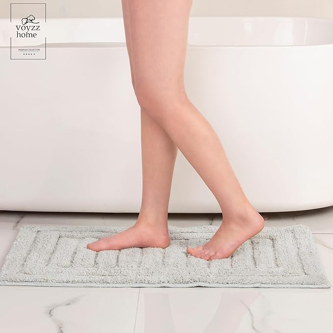 voyzz home Luxurious 100% Cotton Bath Rug Mat - Featuring Ultra-Soft Plushness, Non-Slip Design, Super Water Absorbent and Machine Washable Mats for Bath Floor, Tub and Shower, 17"x24" Striped Grey