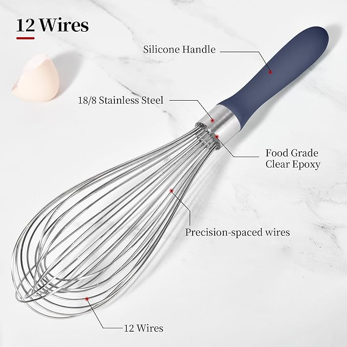 12inch Kitchen Wire Whisk, 18/10 Stainless Steel Metal Balloon Wisk (Large, Midnight Blue)