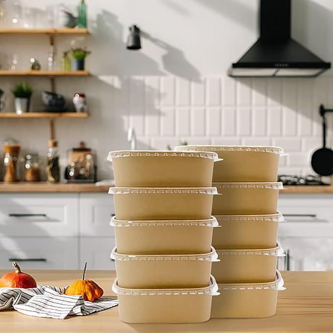 25oz Disposable Bowls with Lids, 50 Sets Large Kraft Square Paper Salad Bowls, Disposable Meal Prep Food Containers w/Lid, Microwave Serving Bowls Spillproof for Party Lunch Order Takeout