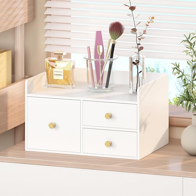 Bamboo Desk Organizer with Drawers Wooden Desktop Storage Drawers for Bills Office Supplies Kitchen Utensils Organizing Tool for Home Classroom Organization No Assembly (White, 3 Drawer)