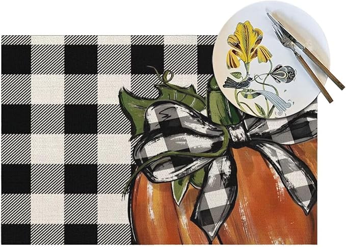 Fall Pumpkin Placemats 12x18 Inch Set of 4, Black White Plaids Pumpkin Table Place Mat Thanksgiving Autumn Orange Harvest Washable Table Mats Decorative Linen Fabric Table Mat for Dining Table
