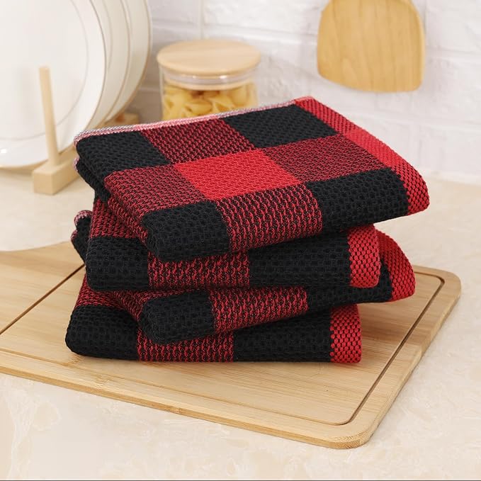 Mordimy 100% Cotton Waffle Weave Kitchen Towels, 13 x 28 Inches, Super Soft and Absorbent Buffalo Check Dish Towels for Drying Dishes, 12-Pack, Black & Red