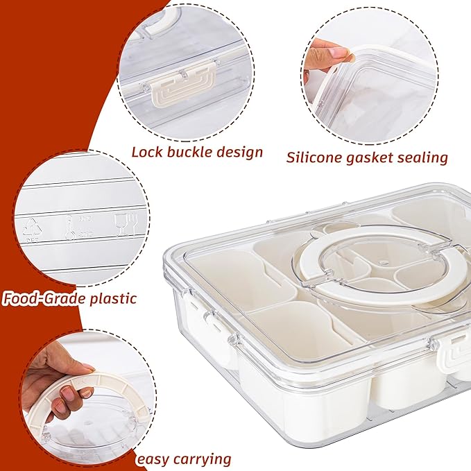 Dingerjar Divided Serving Tray with Lid and Handle - Divided Snack Tray for Portable Snack Platters - Clear Organizer for Candy, Fruits, Nuts, Snacks - Perfect for Party, Entertaining,2 pcs