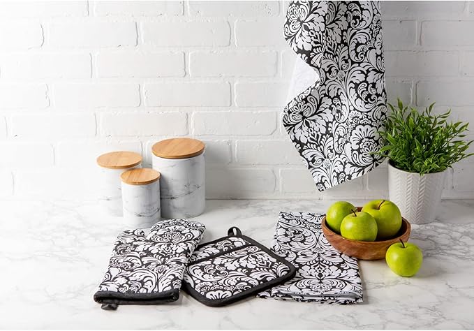 DII Quilted Kitchen Oven Mitt & Potholder Set, Hanging Loop for Convenient Storage, OM 6.5x12/PH 8x8.5, Black Damask Print, 2 Piece