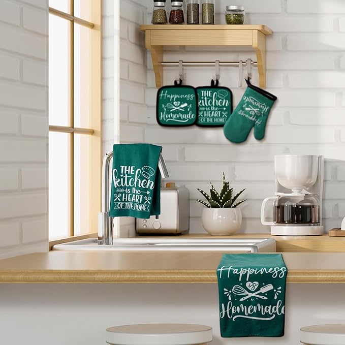 Sratte 6 Pcs Kitchen Decor Accessories Set Farmhouse Towels Pot Holders Oven Mitts Set 2 Dish Towels 2 Potholders 2 Cooking Mittens Oven Glove for Christmas Baking Cooking(Dark Green,Kitchen)