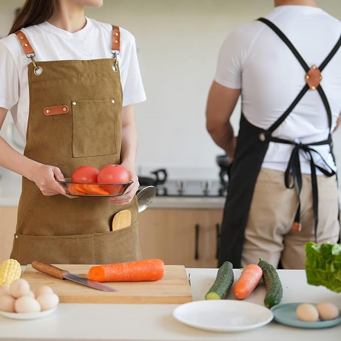 Aoomzoon Canvas Aprons for Men Chef Apron, Work Apron with Large Pockets - 16oz Heavy Duty Cross Back, BBQ, Cooking