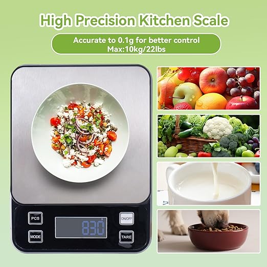 IP67 Waterproof Digital Kitchen Scale, 10kg/22lb Capacity with 0.1g Precision, Kitchen Scales for Food,Rechargeable Battery & 5 Units Conversion for Cooking, Baking - Food Scale