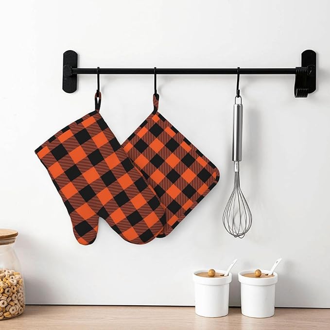 Buffalo Plaid Black and Orange Oven Mitts and Pot Holders Set, 4pcs Silicone Black Orange Plaid Oven Glove for Kitchen Heat Resistant Oven Mitts and Potholders Non-Slip for Cooking