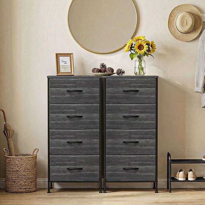 Sweetcrispy Nightstand Small Bedroom Dresser with 4 Fabric Drawers,Bed Side Furniture End Table,Wooden Top Cabinet Night Stand Dresser for Closet,Entryway,Dorm,Black Wood Grain