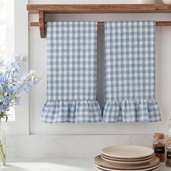 HunnmingRe Kitchen Towels Set of 2, 100% Cotton Ruffled Gingham Dish Towels 18"x28" Absorbent Tea Cloths Classic Plaid Pattern for Farmhouse Charm, Drying Dishes, Entertaining Guests(Blue)