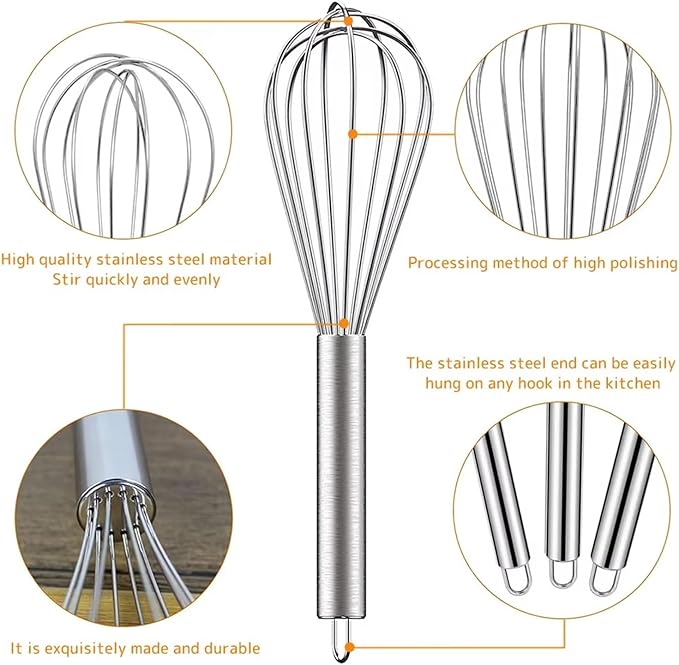 12 inch stainless steel whisk -professional egg beater - kitchen tools - dishwasher usable - suitable for baking, whipping cream, mixing dough, and cocktail making