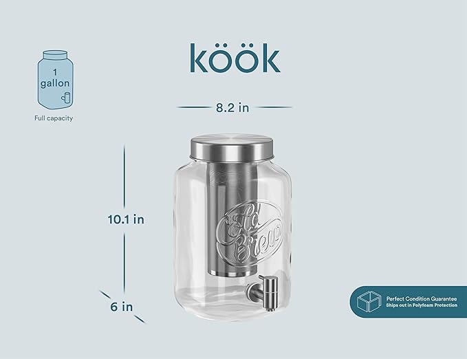 Kook 1 Gallon Mason Jar Drink Dispenser, Thick Glass Carafe, Stainless Steel Spigot and Mesh Filter, Premium Iced Coffee Maker, Cold Brew Pitcher & Tea Infuser