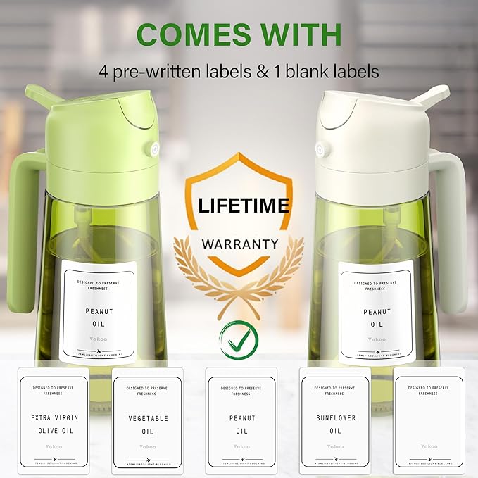 Vakoo Oil Sprayer for Cooking, 2 in 1 Oil Dispenser for Kitchen, 16oz/470ml Light-Blocking Dark Glass Olive Oil Spray Bottle, Air Fryer, Salad & BBQ (Green&White)