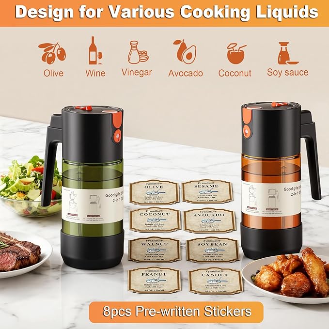 2-IN-1 Oil Sprayer for Cooking with 8 Stickers Light-Blocking Dark Glass Olive Oil Dispenser Bottle for Kitchen 500ml/16.9oz Oil Mister for Air Fryer, BBQ,Salad Even Spray with Portion Control