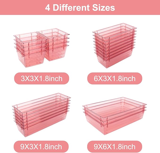 25 Pack Desk Drawer Organizer Set,Vanity and Desk Drawer Storage Bins,Clear Plastic Drawer Organizer Trays for Makeup,Office,Bathroom and Kitchen(pink)