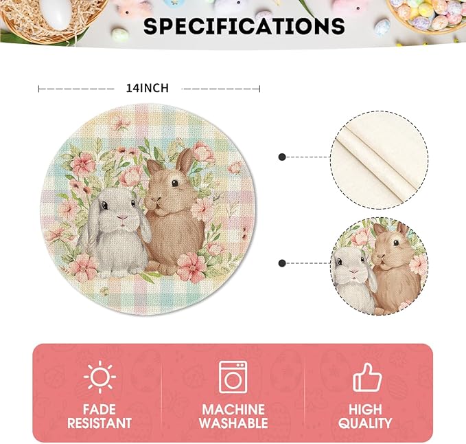 Artoid Mode Easter Round Placemats Set of 4, 14 Inch Colored Buffalo Plaid Bunnys Flowers Spring Round Table Mats for Easter Party Dining Decoration