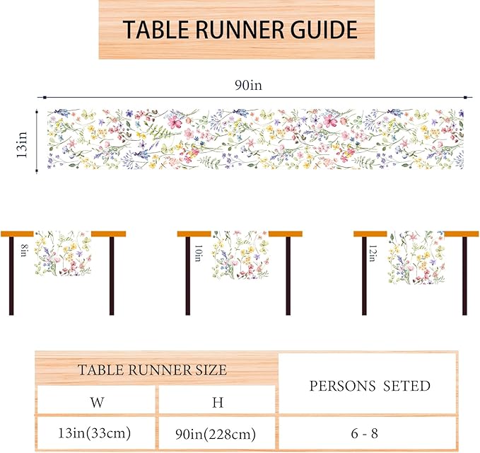 Watercolor Flowers Spring Table Runner Farmhouse Spring Summer Easter Flower Floral Home Kitchen Dining Room Table Decorations 13x90 Inch