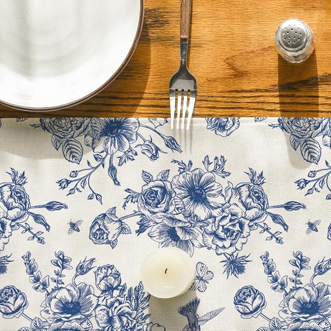 Artoid Mode Spring Navy Blue Floral Chinoiserie Table Runner, Seasonal Summer Kitchen Dining Table Decoration for Home Party Decor 13x72 Inch
