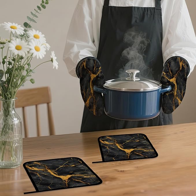 Marble Oven Mitts and Pot Holders Set,Black Gold Marble Kitchen Decor Heat Resistant Non Slip Hot Pads and Oven Mitt for Chef Cooking Baking BBQ Mom Girl Gifts(4 Piece Set)