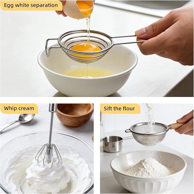 Kuars Gvni Stainless Steel Egg Whisk, Press-Type Rotating Whisk, Egg White Separator, Semi-Automatic Egg Beater, Fine Mesh Strainer, Egg Separator, 3-in-1 Kitchen Set for Baking and Cooking