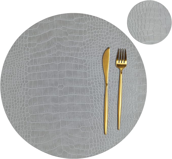 Round Leather Placemats for Round Tables Set of 8, Gray Table Place Mats and Coasters, Washable Easy to Care for Indoor Decor 13" Diameter
