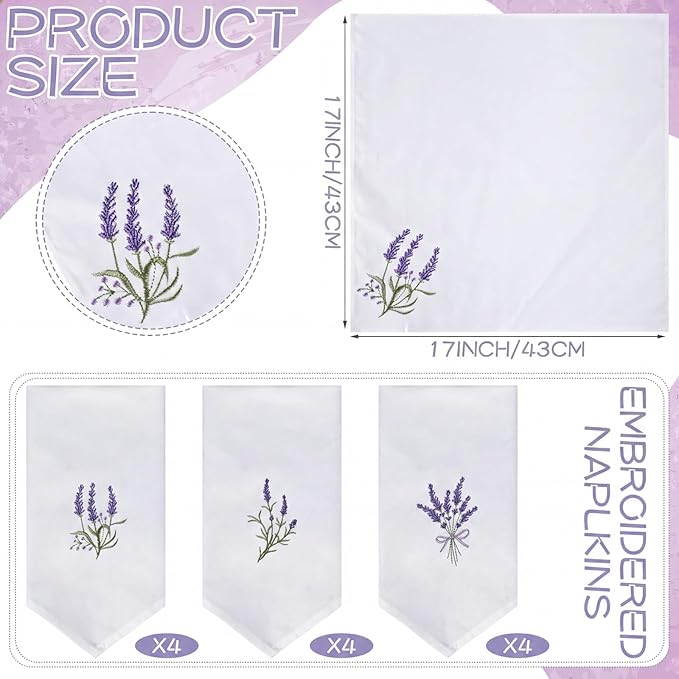 HunnmingRe 12 Pcs Spring Floral Cloth Napkins 100% Cotton Lavender Dinner Tea Party Napkins Embroidered Hand Towel Country French Reusable Washable for Dinner Kitchen Weddings Cocktail Party 17x17inch