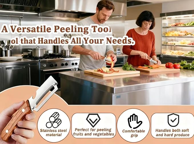 1 PCS Multi-Functional Vegetable Peeler with Wooden Handle, Stainless Steel Blade Fruit Peeler with Bottle Opener, Comfortable Non-Slip Kitchen Peeler for Potato, Pumpkin, Papaya & More (1)