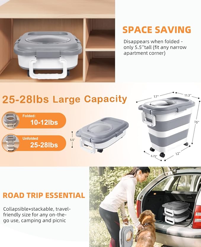 HOYTAMDAR 25-28lbs Dog Food Storage Container, Collapsible Dog Food Container, Wheels, Handle, Airtight Pet Food Storage Container, Scoop, Small Dry Container For Dog Cat Bird Food