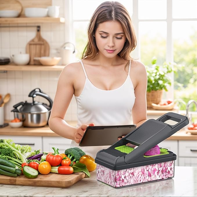 StoreHappily 12-in-1 Vegetable Chopper, 7 Blades Veggie Chopper with Container and Lid, Dicer, Slicer, Multifunctional Kitchen Gadgets, Vegetable Cutter with Handle, Onion Cutter(Green/Grey)