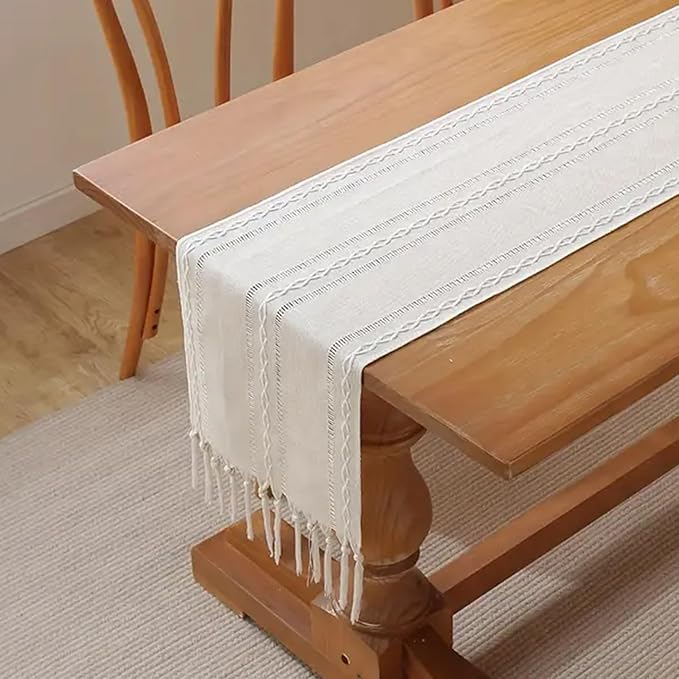 Niviy Ivory White Rustic Linen Table Runner 72 Inches Long with Tassels, Embroidered Table Runner Farmhouse for Party, Dresser Decor and Dining Room Decorations (White, 12"×72")