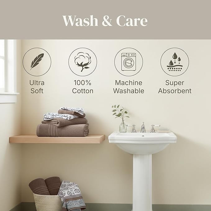 Modern Threads Floral Trail 6-Piece 100% Cotton Towel Set – Reversible Yarn Dyed Jacquard – Includes 2 Bath Towels, 2 Hand Towels, 2 Washcloths – Absorbent, Quick Dry, Soft & Durable – Taupe Brown