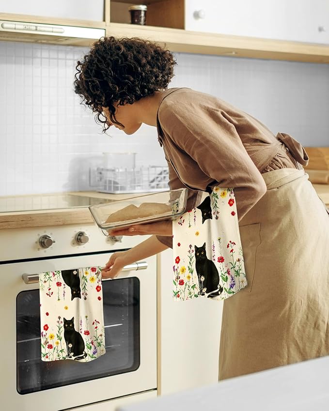 Miss Adola Flour Sack Kitchen Towels Set of 2-18x26 Cotton Dish Towels with Hanging Loop Reusable Tea Towel for Cleaning Spring Absorbent Dishcloths Cute Home Decor Housewarming, Retro Cats Floral