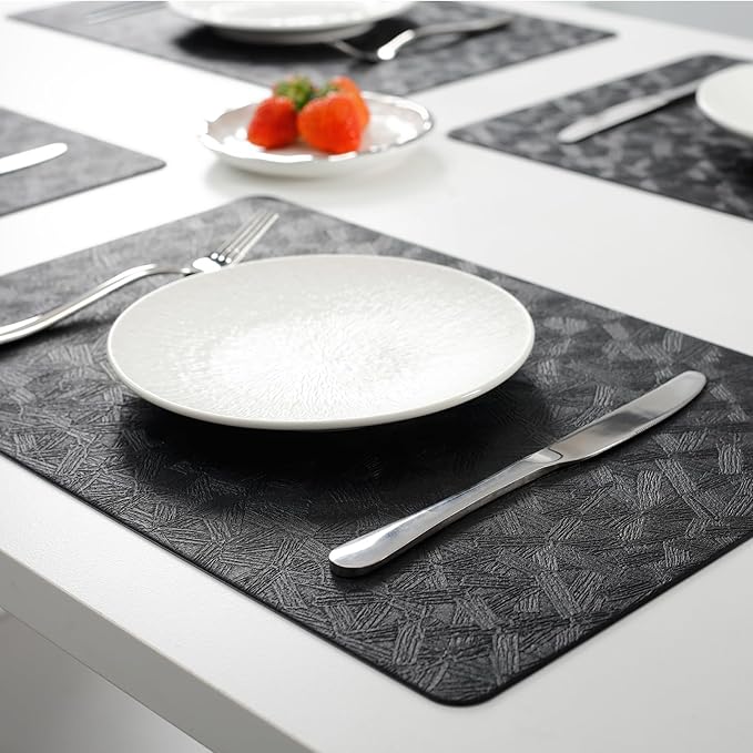 Vinyl Placemats Set of 12 Heat Resistant Easy Clean Non-Slip Place Mats for Dining Table Faux Leather Waterproof Stain Resistant Wipeable Washable PVC Table Mats(12, Black)