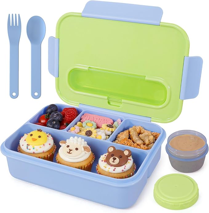 Caperci 50oz Larger Bento Box for Kids - Reinforced Leakproof Lunch Box Containers for Kids, Built-in Sauce Cup, Utensils, 4 Compartments, BPA-Free Microwave & Dishwasher Safe (Lime/Blue)