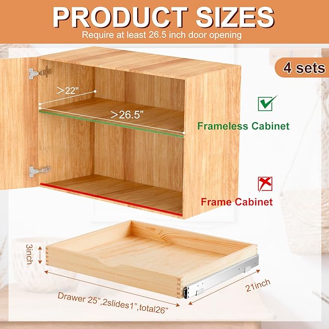 Sintuff 4 Pack Wooden Pull out Tray Cabinet Organizer Gentle Close Roll out Shelves for Kitchen Cabinets Fully Assembled Slide Pantry Shelves (26'' X 21'')