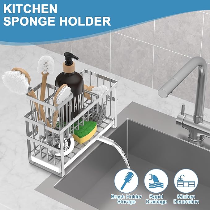 Hvisso 2-Tier Kitchen Sink Caddy with High Brush Holder, Sponge Holder for Sink, Kitchen Storage Organization Sponge Rack, Home Apartment Essential Gadgets Accessories (Silver)
