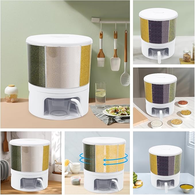 Cereal Dispenser, 6-grid 360° Rotating Grain Dispenser, Adjustable Compartment Size Clear Rice Dispenser, 11kg/24lbs Grain Storage Container, PET Round Granular Dry Food Dispenser, 11.61*13.19in White