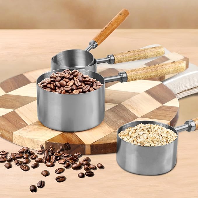 Measuring Cups and Spoons Set,Measuring Cup Set with Wooden Handle and Metric and US Measurements,Silver Polished Finish,for Cooking and Baking in The Kitchen (8 Piece)