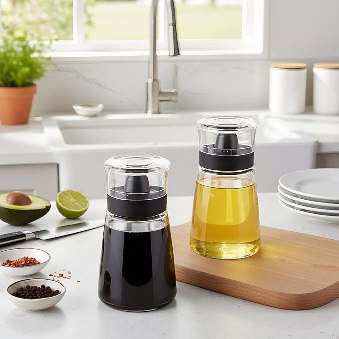 2 Pcs Oil and Vinegar Dispenser Set, 5.4 oz Olive Oil Bottle with No Drip Top, Glass Salad Dressing Cruet Bottles Soy Sauce Dispenser Leakproof Container for Kitchen Cooking Dressing
