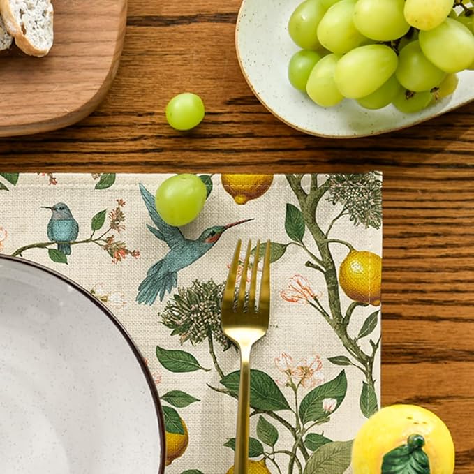 Artoid Mode Brown Lemon Tree Bird Flower Summer Placemats Set of 4,12x18 Inch Seasonal Spring Table Mats for Party Kitchen Dining Decoration